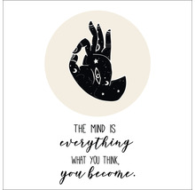 Illustratie van een hand met maan- en stermotieven en de tekst: The mind is everything. What you think, you become.
