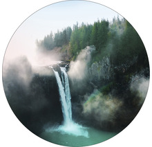 Ronde afbeelding van een natuurlandschap met een waterval en bomen