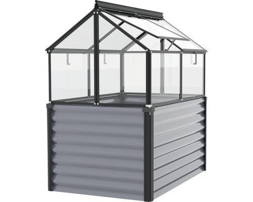 Verhoogde tuinbak met kweekkasopzetstuk van metaal en glas