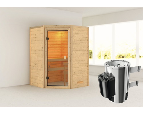 Houten hoeksauna met glazen deur en saunakachel