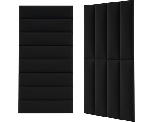 Twee zwarte akoestische panelen met horizontale en verticale groeven