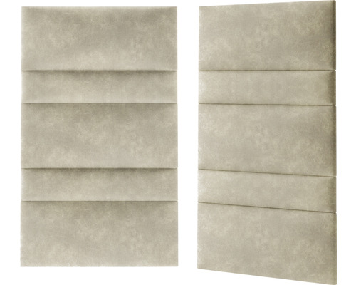 Twee gestoffeerde wandpanelen met een rechthoekige vorm en horizontale sierstiksels.