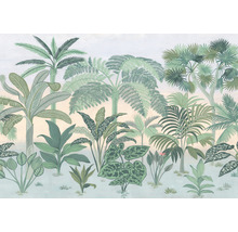 Illustratie van een tropisch landschap met palmen en planten
