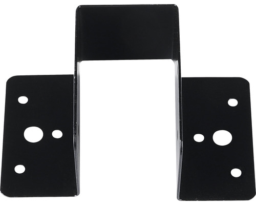 Zwarte gereedschapshouder van metaal met gaten voor bevestiging.