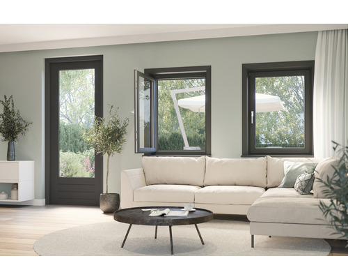 Woonkamer met ramen en een deur die uitzicht bieden op de buitenruimte