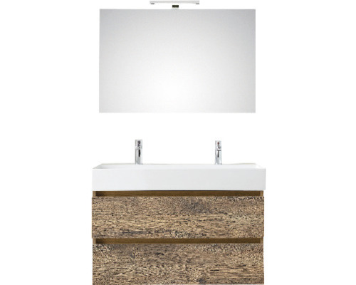 PELIPAL Badkamermeubelset Torino met spiegel en wastafel 102 cm ribbeck eiken Wastafelmeubel met twee laden, opzetwastafel en spiegel met lamp