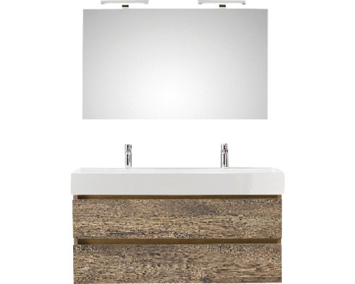 PELIPAL Badkamermeubelset Torino met spiegel en wastafel 122 cm ribbeck eiken Wastafel met spiegel en twee lades in de badkamer