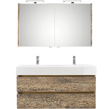 Dubbele wastafel met onderkast en spiegelkast met verlichting voor de badkamer