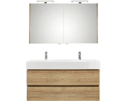 PELIPAL Badkamermeubelset Torino met spiegelkast en wastafel 122 cm eiken Badkamermeubelset met dubbele wastafel, onderkast en spiegelkast met verlichting
