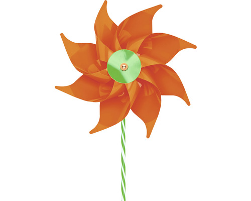 Oranje windmolen met groen-wit gestreepte stok