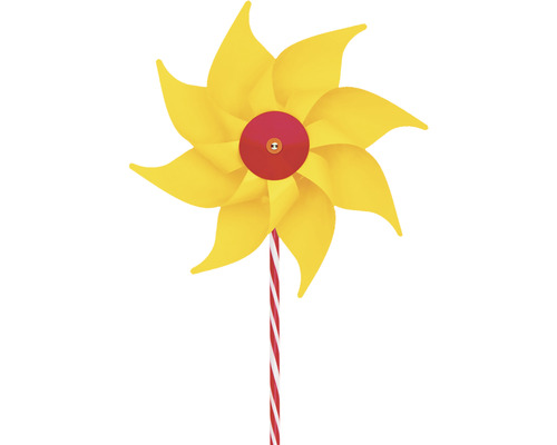 Gele windmolen met een rood-wit gestreepte stok