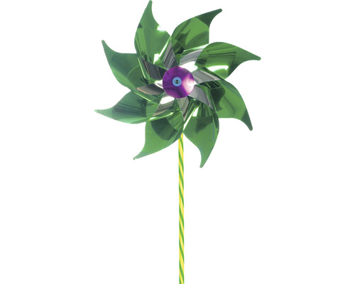 Windmolen met groene propeller en geel gestreepte stok