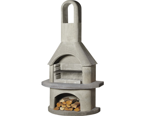 Betonnen tuinhaard met houtblokken in het onderste vak