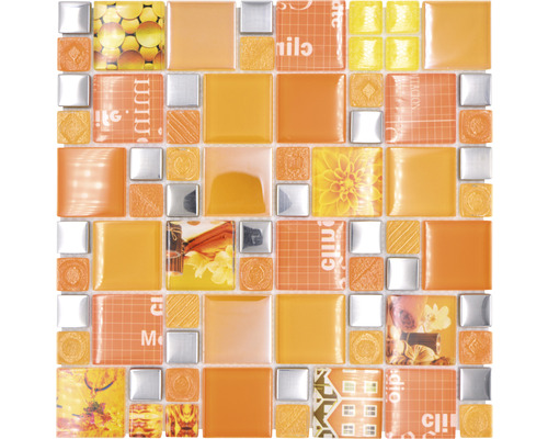 Mozaïektegel glas XCM MC569 zilver/oranje 29,8x29,8 cm Mozaïektegel met bloemmotieven en geometrische vormen