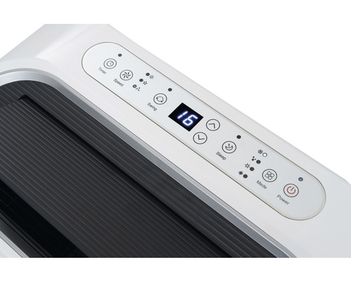 Close-up van het bedieningspaneel van een airconditioner met verschillende functiesymbolen.