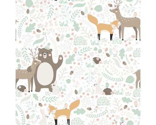 MARBURG Vliesbehang 45872 Kids Walls bosdieren meerkleurig Illustratie met beren, herten, vossen, konijnen, egels, vogels, planten en paddenstoelen
