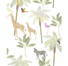 Patroon met giraffen, zebra''s, flamingo''s, toekans, ara''s, palmbomen en tropische planten