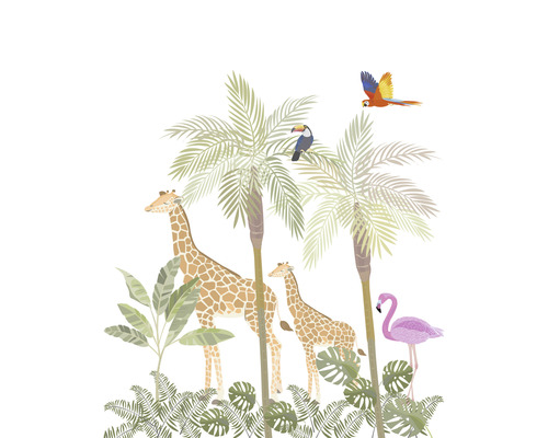 MARBURG Fotobehang vlies 45884 Kids Walls dieren 212x270 cm Illustratie met giraffen, palmbomen, toekan, papegaai en flamingo