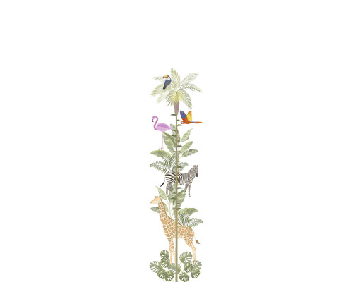 MARBURG Vliesbehang met groeimeter 45886 Kids Walls dieren 53x270 cm Illustratie met toekan, flamingo, ara, zebra en giraf op een palmboom