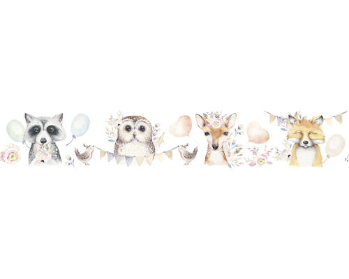 MARBURG Behangrand vlies 45888 Kids Walls bosdieren wit 5 m x 18 cm Illustratie met wasbeer, uil, ree en vos, versierd met bloemen, ballonnen en slingers