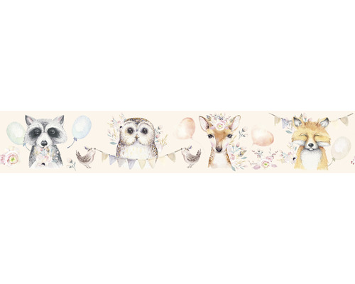 MARBURG Behangrand vlies 45889 Kids Walls bosdieren meerkleurig 5 m x 18 cm Illustratie met wasbeer, uil, ree en vos met bloemen en ballonnen