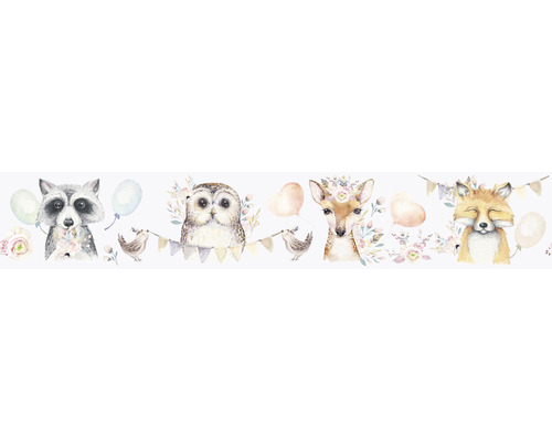 MARBURG Behangrand vlies 45893 Kids Walls bosdieren 5 m x 18 cm Illustratie met wasbeer, uil, hert en vos, elk met bloemen en ballonnen.