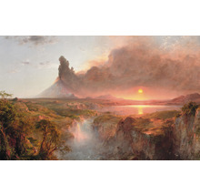 Schilderij van een landschap met vulkaan, waterval en zonsondergang