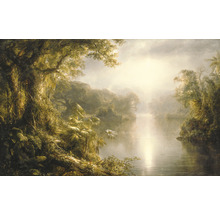 Schilderij van een tropisch landschap met weelderige vegetatie en een rustige rivier