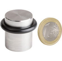 Roestvrijstalen deurstopper met rubberen ring naast een euromunt