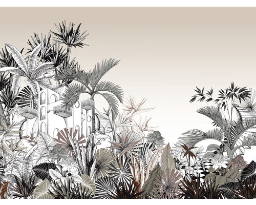 RASCH Fotobehang vlies 688139 Tropical House jungle beige 400x300 cm Illustratie van een exotisch landschap met tropische planten en een gebouw