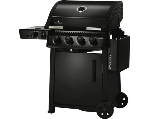 Zwarte Napoleon Legend gasbarbecue met vier branders en zijtafel