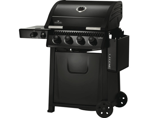 Zwarte Napoleon Legend gasbarbecue met vier branders en zijbrander.