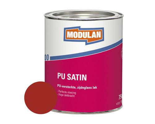 MODULAN 6100 PU Satin zijdeglans lak vuurrood RAL 3000 750 ml Verfblik met polyurethaan satijnlak en kleurvoorbeeld