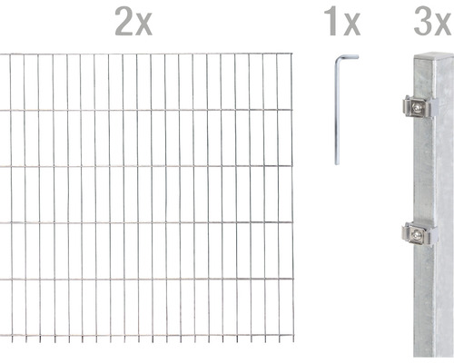 ALBERTS Dubbelstaafmat set 6/5/6 400 x 100 cm thermisch verzinkt Componenten voor een tuinomheining: twee hekwerkelementen, één inbussleutel en drie hekpalen