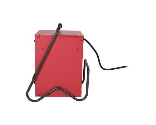 Achteraanzicht van een rood lasapparaat met zwarte kabel en handgreep