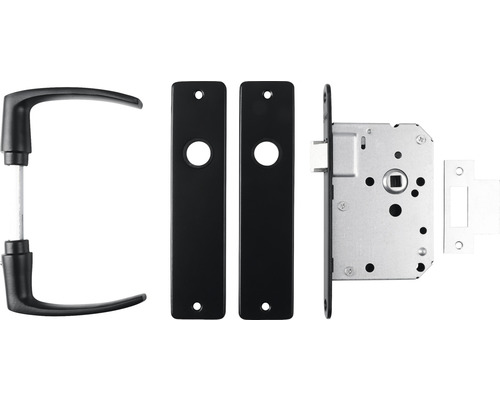 Deurbeslagset met deurklink, schilden en slotkast