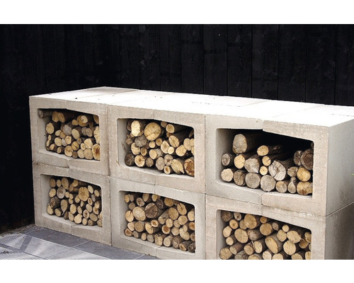 EXCLUTON U-Element grezzo, 30x30x40 cm Houtopslagrek van betonblokken gevuld met brandhout