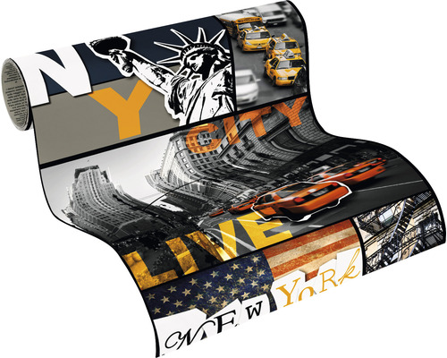 Rol behang met New York motieven, inclusief Vrijheidsbeeld, taxi''s en Amerikaanse vlag.