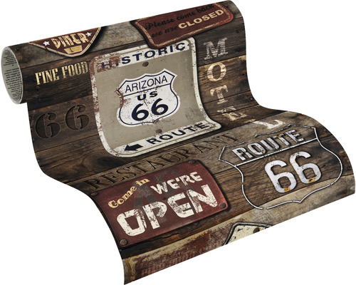 Behang met Route 66 en houtlook