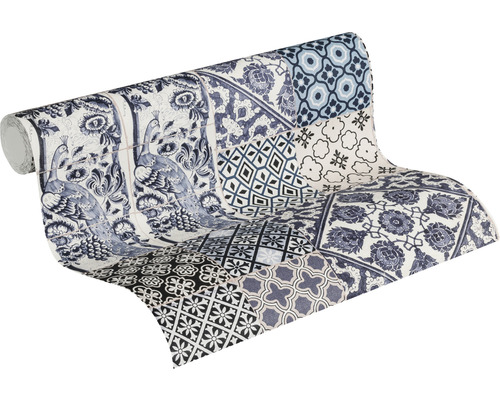 Behangrol met patchworkmotief en vogelafbeelding