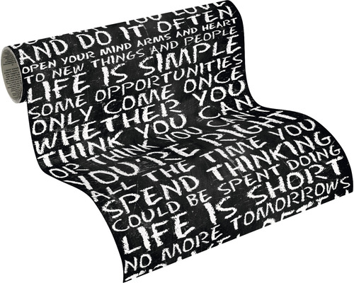 Een rol behang met witte letters op een zwarte achtergrond.