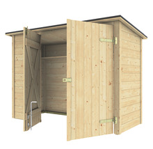 Geopende houten gereedschapsschuur met planken