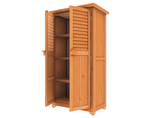 Open houten kast met planken voor opslag in de tuin