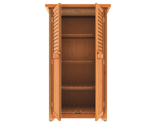 Houten tuinkast met open lamellendeuren en planken