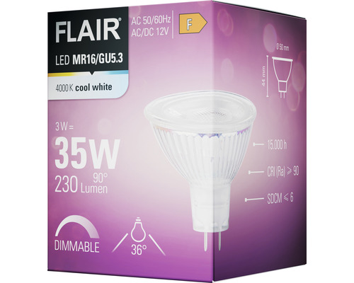 Verpakking van een dimbare Flair ledlamp MR16/GU5.3 met koel wit licht