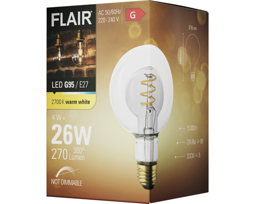 Verpakking van een niet-dimbare Flair ledlamp G95 E27 met 2700 kelvin warm wit