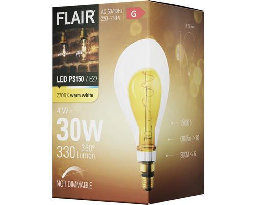 Verpakking van een Flair LED lamp PS150 E27, 4 watt, 2700 kelvin warm wit, niet dimbaar