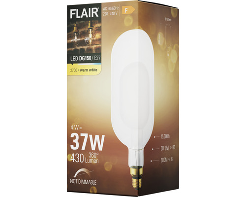 Verpakking van een niet-dimbare Flair LED-lamp DG150/E27 met 4 Watt, 37 Watt equivalent en 430 lumen