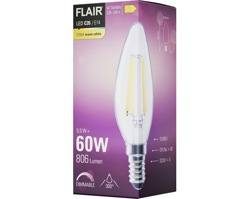 Verpakking van een dimbare Flair ledlamp C35 E14