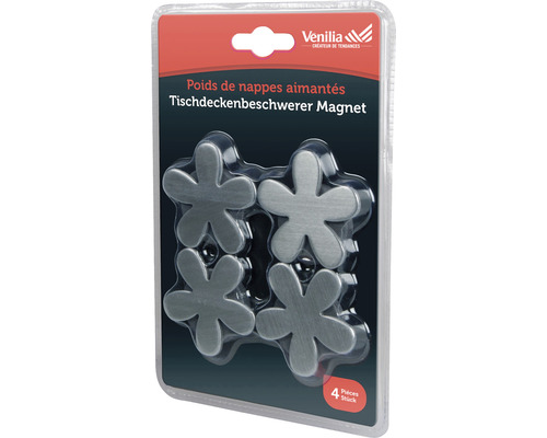 Verpakking met vier magnetische tafelkleedgewichten in bloemvorm